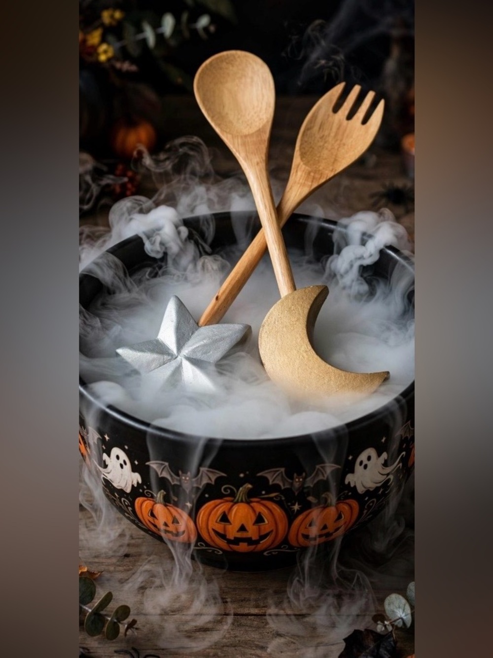 Wooden Spoon & fork with Star & Moon Accents - Natural Wood,